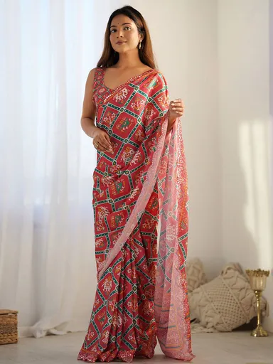 Netra Fashion A59 Heavy Georgette Silk Printed Saree with Mirror Work Border and Unstitched Blouse for Wedding Party Festive Wear thumbnail 3