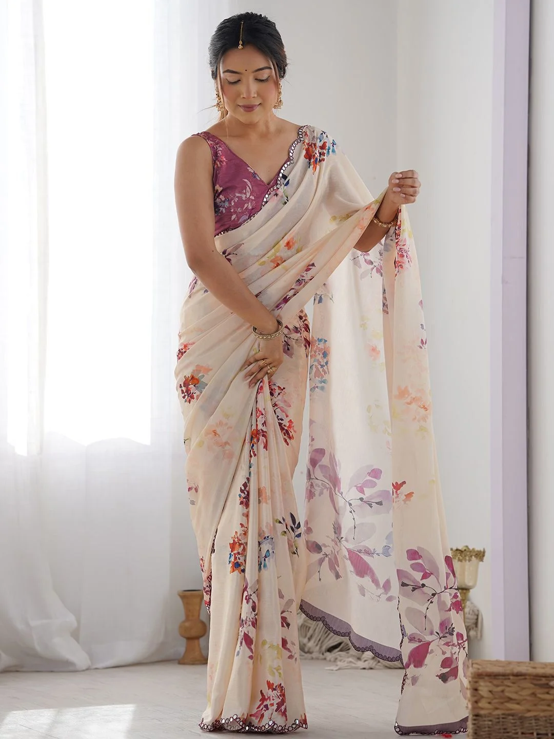 Netra Fashion A59 Heavy Georgette Silk Printed Saree with Mirror Work Border and Unstitched Blouse for Wedding Party Festive Wear image 7