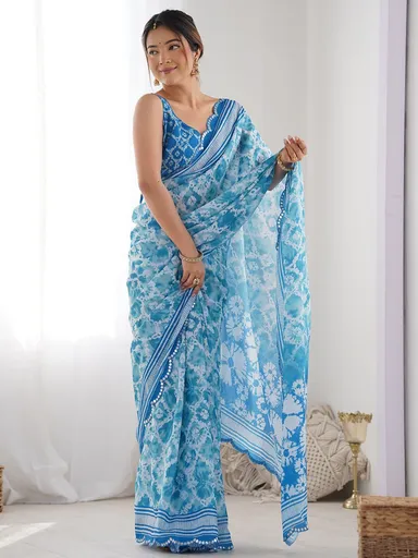 Netra Fashion A59 Heavy Georgette Silk Printed Saree with Mirror Work Border and Unstitched Blouse for Wedding Party Festive Wear thumbnail 7