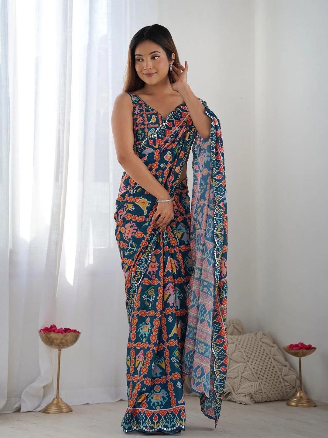 Netra Fashion A59 Heavy Georgette Silk Printed Saree with Mirror Work Border and Unstitched Blouse for Wedding Party Festive Wear image 9