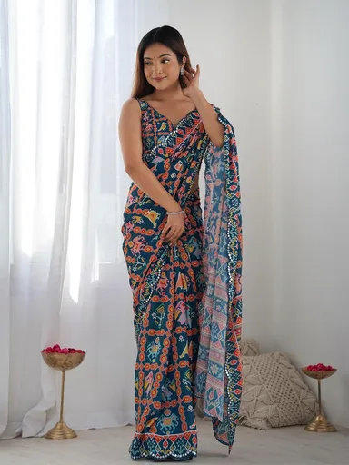 Netra Fashion A59 Heavy Georgette Silk Printed Saree with Mirror Work Border and Unstitched Blouse for Wedding Party Festive Wear thumbnail 8