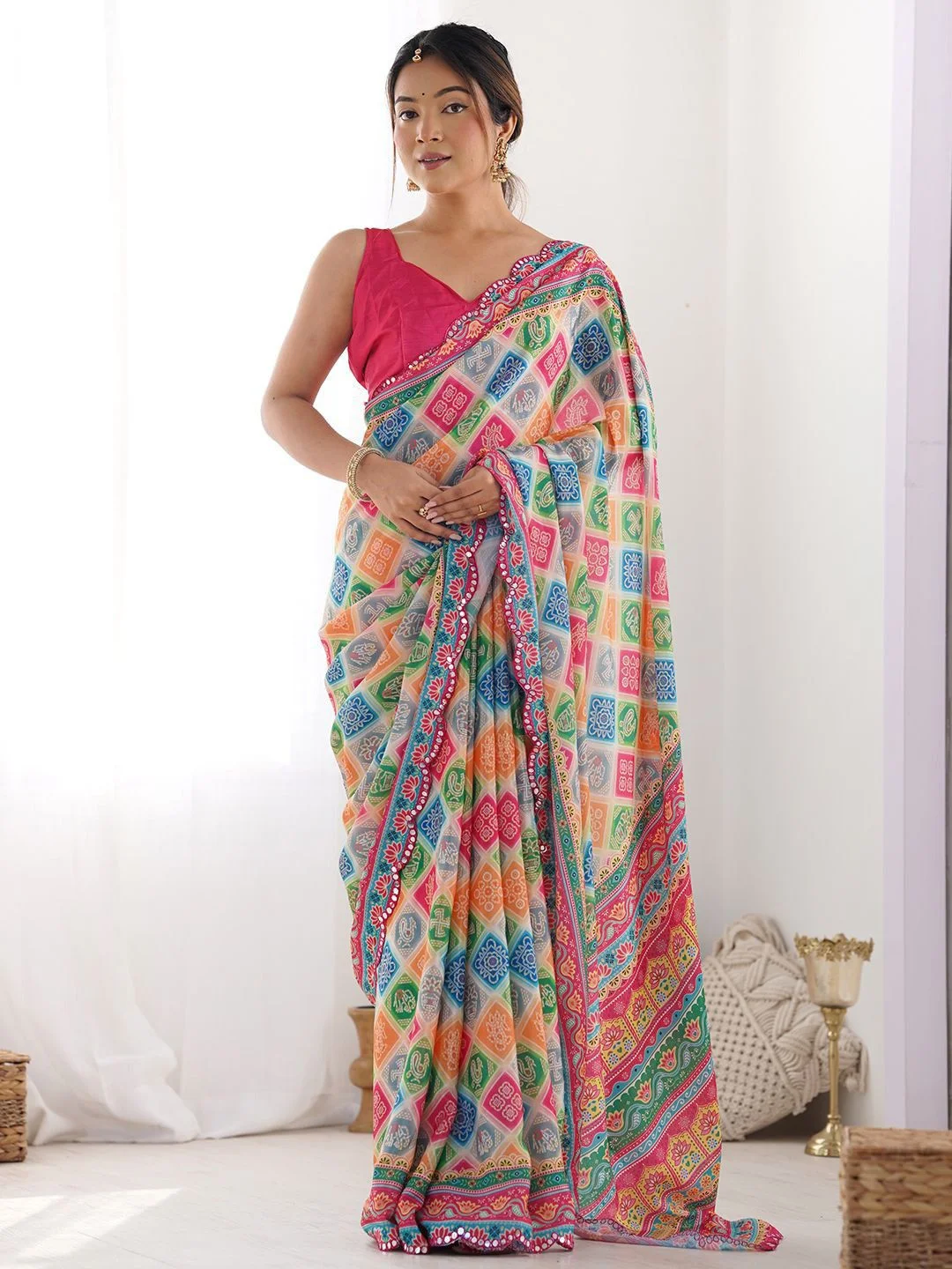 Netra Fashion A59 Heavy Georgette Silk Printed Saree with Mirror Work Border and Unstitched Blouse for Wedding Party Festive Wear image 10