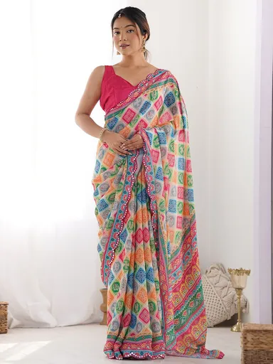 Netra Fashion A59 Heavy Georgette Silk Printed Saree with Mirror Work Border and Unstitched Blouse for Wedding Party Festive Wear thumbnail 9