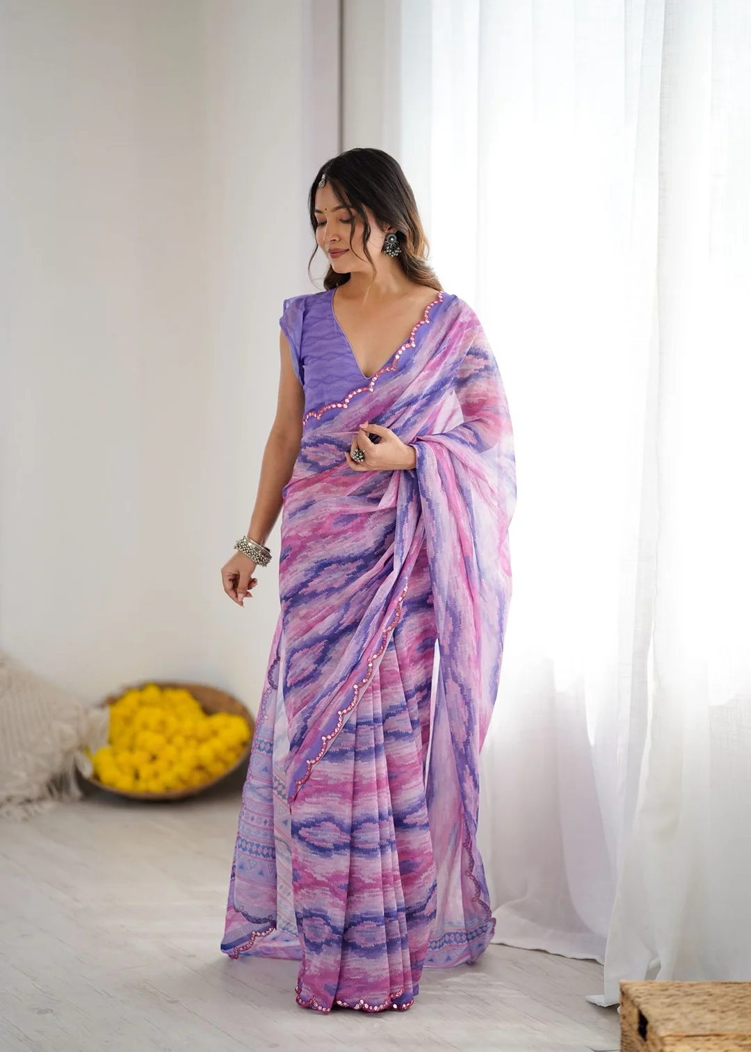 Netra Fashion A59 Heavy Georgette Silk Printed Saree with Mirror Work Border and Unstitched Blouse for Wedding Party Festive Wear image 12