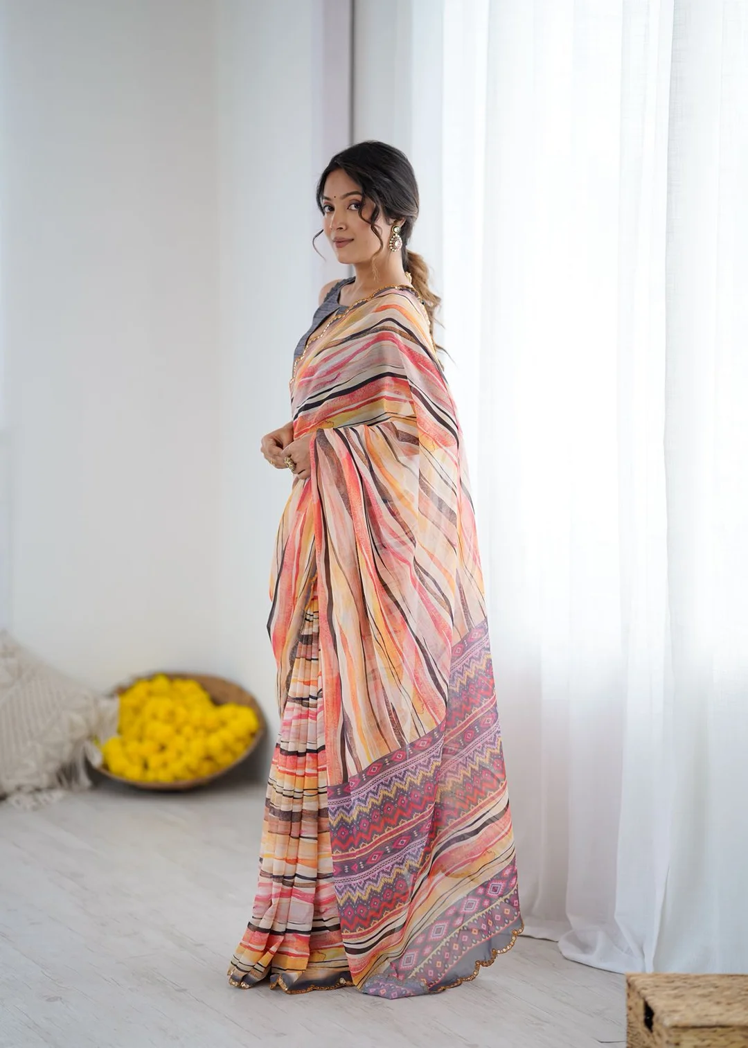 Netra Fashion A59 Heavy Georgette Silk Printed Saree with Mirror Work Border and Unstitched Blouse for Wedding Party Festive Wear image 13