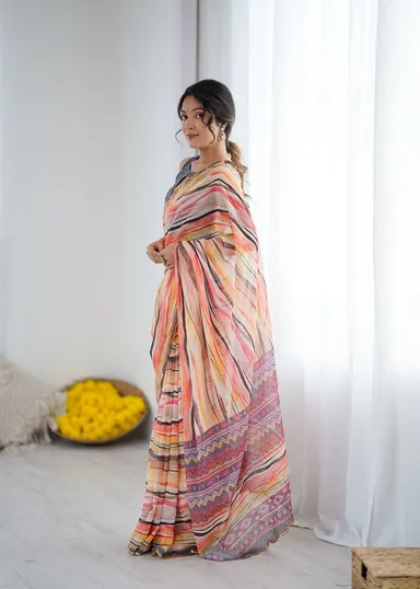 Netra Fashion A59 Heavy Georgette Silk Printed Saree with Mirror Work Border and Unstitched Blouse for Wedding Party Festive Wear thumbnail 12