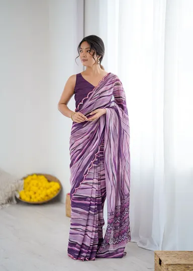 Netra Fashion A59 Heavy Georgette Silk Printed Saree with Mirror Work Border and Unstitched Blouse for Wedding Party Festive Wear thumbnail 13