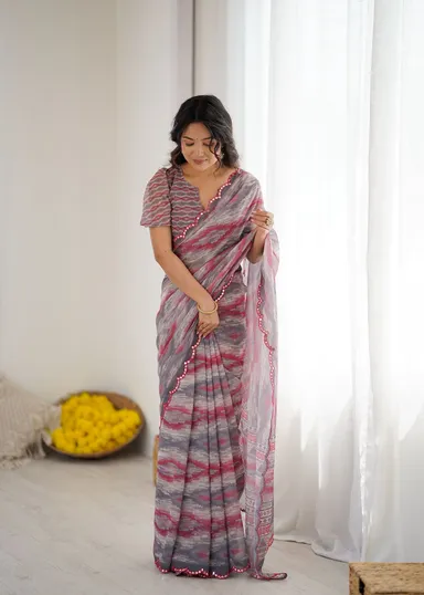 Netra Fashion A59 Heavy Georgette Silk Printed Saree with Mirror Work Border and Unstitched Blouse for Wedding Party Festive Wear thumbnail 14