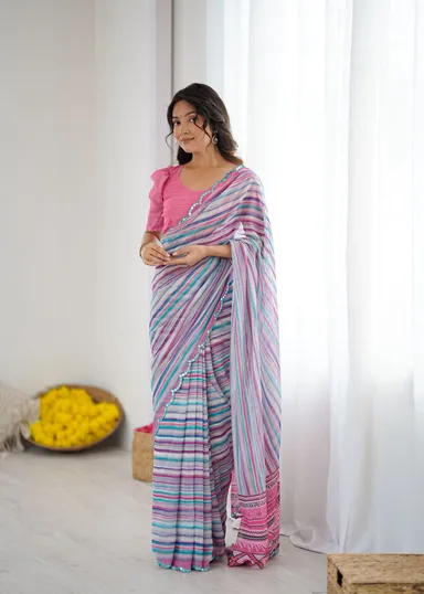 Netra Fashion A59 Heavy Georgette Silk Printed Saree with Mirror Work Border and Unstitched Blouse for Wedding Party Festive Wear thumbnail 15