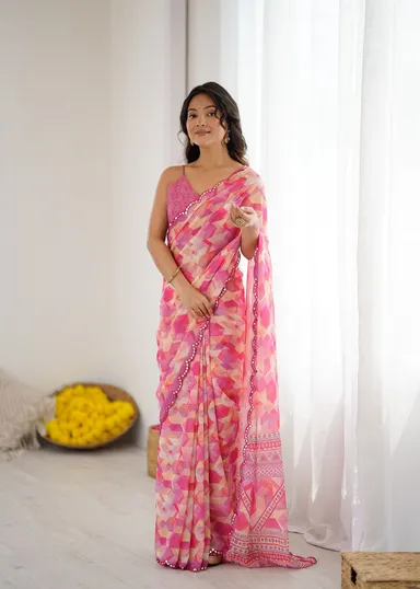 Netra Fashion A59 Heavy Georgette Silk Printed Saree with Mirror Work Border and Unstitched Blouse for Wedding Party Festive Wear thumbnail 0