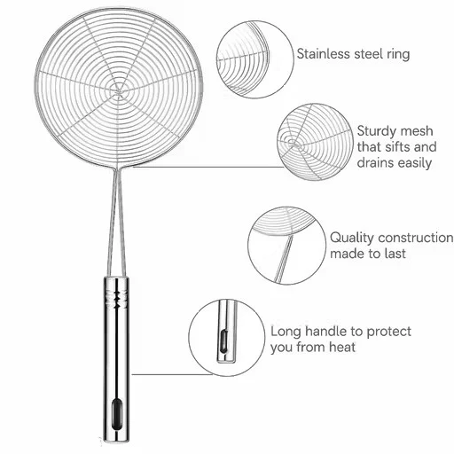 Heavy Duty Stainless Steel Spider Skimmer Ladle Set of 3 for Deep Frying, Oil Strainer Filter & Pasta/Noodles Drainer with Long Handle | Durable Kitchen Frying & Cooking Tool image 3