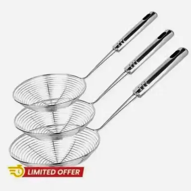 Heavy Duty Stainless Steel Spider Skimmer Ladle Set of 3 for Deep Frying, Oil Strainer Filter & Pasta/Noodles Drainer with Long Handle | Durable Kitchen Frying & Cooking Tool thumbnail 0