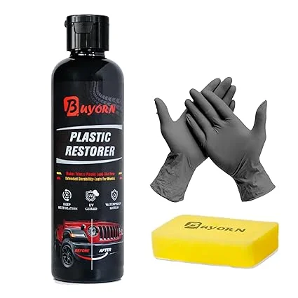 Buyorn Black Trim Renew 200ml HD Plastic & Rubber Restorer for Car Exterior | Revives Faded Trim Bumpers Door Cladding + Long Lasting UV Protection Wash Resistant Deep Black Finish image 1