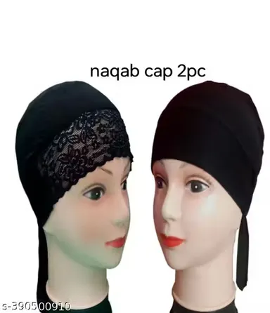 Pack of 2 Women's Naqab Inner Caps – Black Stretchable Hijab Underscarf Cap with Lace & Plain Design – Soft Cotton Lycra, Comfortable & Breathable for Daily Wear thumbnail 0