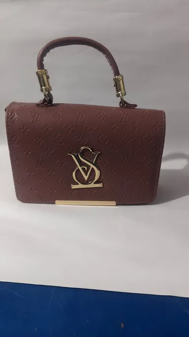 Women’s Premium Brown Embossed Leather Finish Handheld Sling Bag with Gold-Tone Metal Logo & Top Handle |Stylish Party, Wedding & Daily Use Purse thumbnail 1