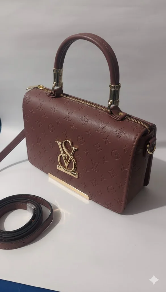 Women’s Premium Brown Embossed Leather Finish Handheld Sling Bag with Gold-Tone Metal Logo & Top Handle |Stylish Party, Wedding & Daily Use Purse image 1