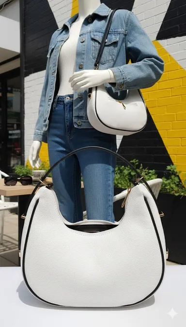 Medium White Crescent Shoulder Bag for Women with Black Strap and Gold Zipper, Lightweight PU Leather Handbag, Daily Casual Office Bag, Stylish Trendy Purse India thumbnail 1