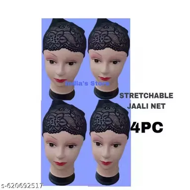 Stretchable Black Jaali Net Hair Wig Cap Pack of 4 Free Size Breathable Mesh Net Weaving Hair Net for Women Men Kids Under Wigs Scarves Hijab Hair Protection thumbnail 0