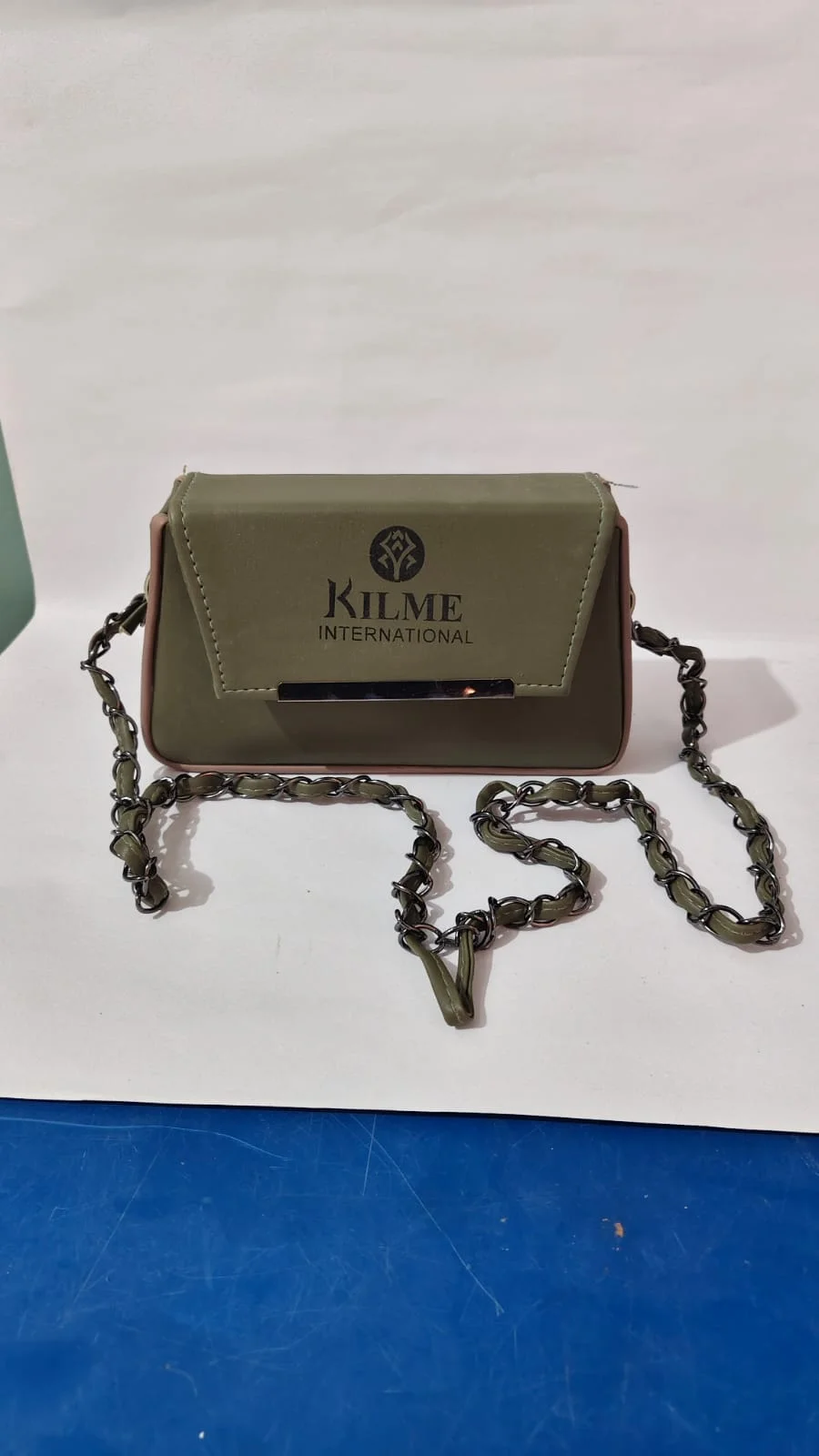Kilme International Premium Olive Green Structured Crossbody Bag with Metallic Chain Strap and Signature Embossed Logo image 1