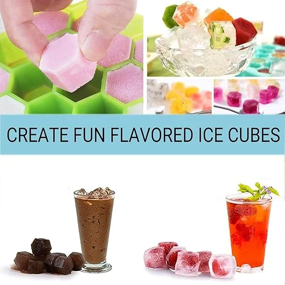 Honeycomb Ice Cube Tray with Lid 37 Hexagonal Silicone Cubes Mold Heavy Duty Flexible Green Premium Freezer Safe Large Cube Maker for Party Drinks Bar Kitchen image 2