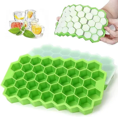 Honeycomb Ice Cube Tray with Lid 37 Hexagonal Silicone Cubes Mold Heavy Duty Flexible Green Premium Freezer Safe Large Cube Maker for Party Drinks Bar Kitchen thumbnail 0