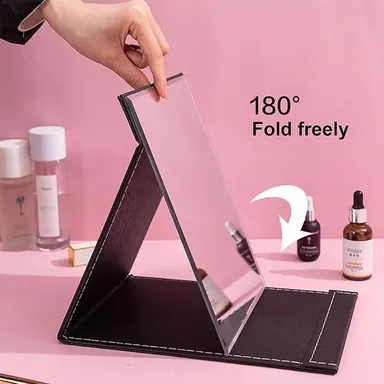 VibeZone Portable Folding Makeup Mirror with Stand| PU Leather Compact Travel Mirror| Super HD Lightweight Cosmetic Mirror for Home| Office & Travel | Unisex Black thumbnail 1