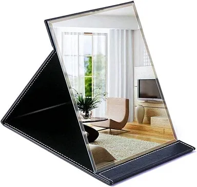 VibeZone Portable Folding Makeup Mirror with Stand| PU Leather Compact Travel Mirror| Super HD Lightweight Cosmetic Mirror for Home| Office & Travel | Unisex Black thumbnail 0