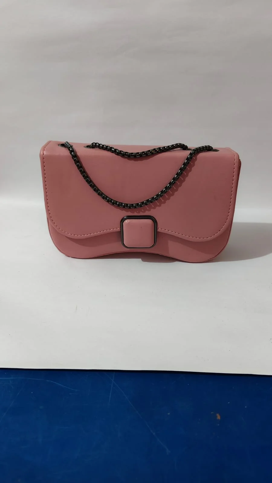Elegant Dusty Rose Vegan Leather Structured Flap Crossbody Bag with Gunmetal Box Chain and Geometric Square Buckle Clasp image 1
