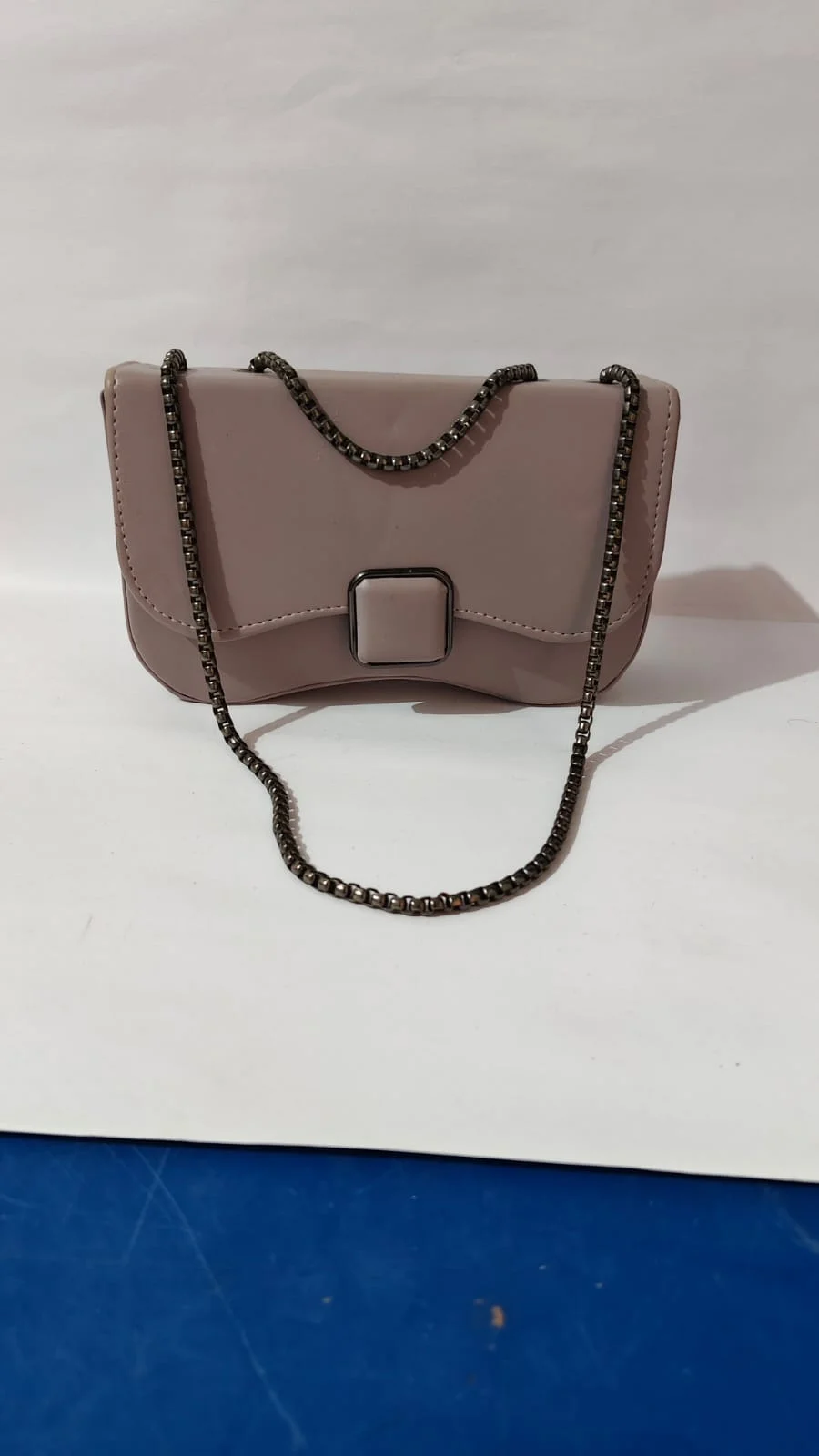 Women’s Elegant Mauve-Taupe Vegan Leather Crossbody Bag with Curved Flap Closure Gunmetal Box-Chain Strap Premium Shoulder Purse Everyday Travel Party Use image 1