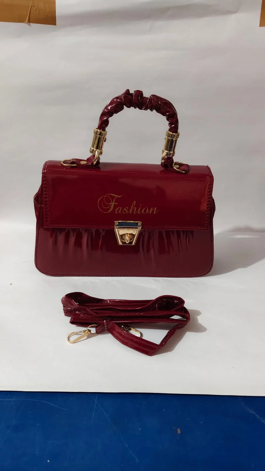 Elegant Women’s High-Shine Red Patent Leather Handbag with Gold |Fashion| Script, Ruched Scrunchie Top Handle, and Detachable Shoulder Strap image 1