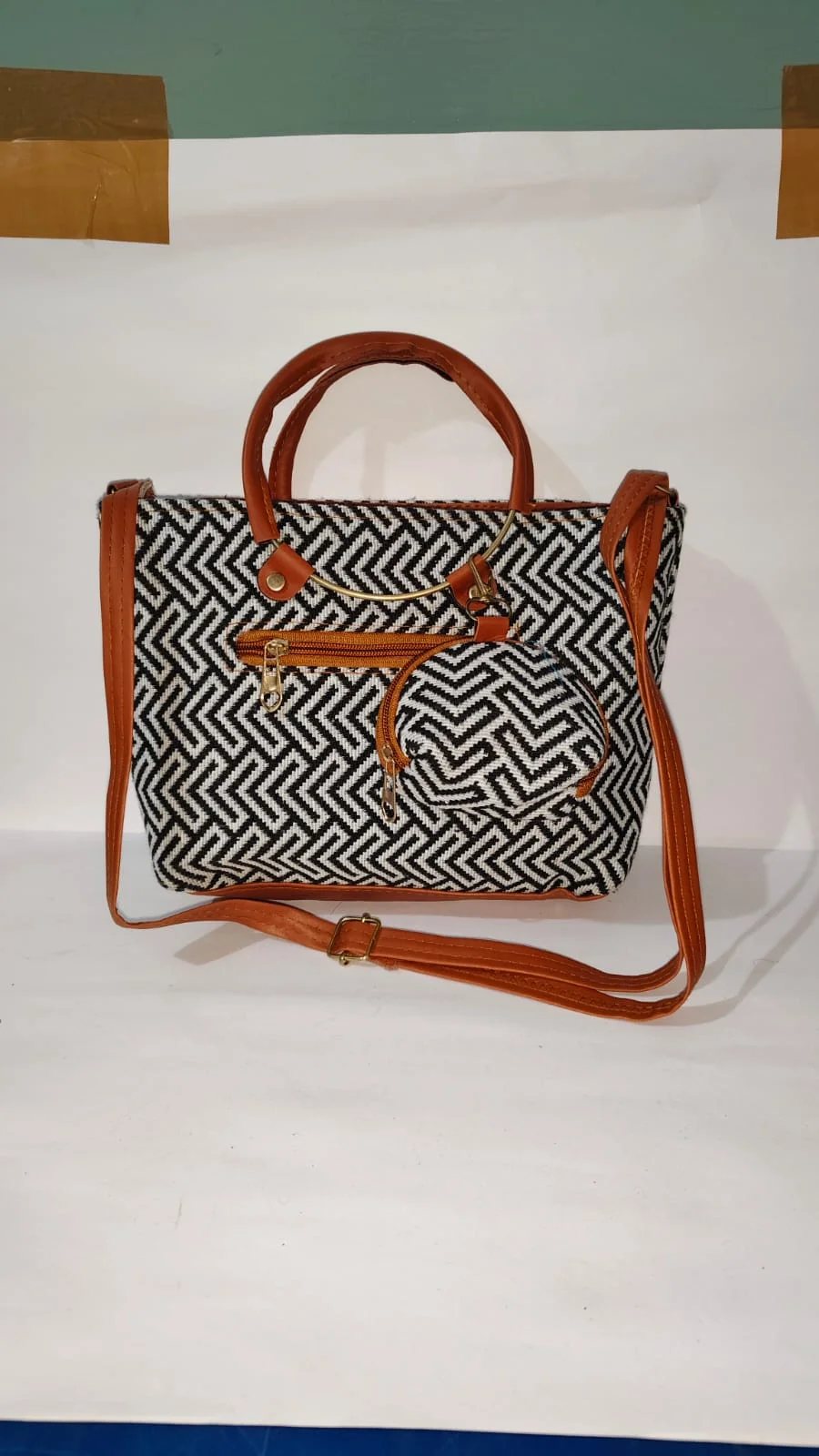 Handcrafted Geometric Chevron Jacquard Tote Bag with Detachable Coin Purse| Adjustable Tan Faux Leather Crossbody Strap for Women Daily Office Travel Use image 1