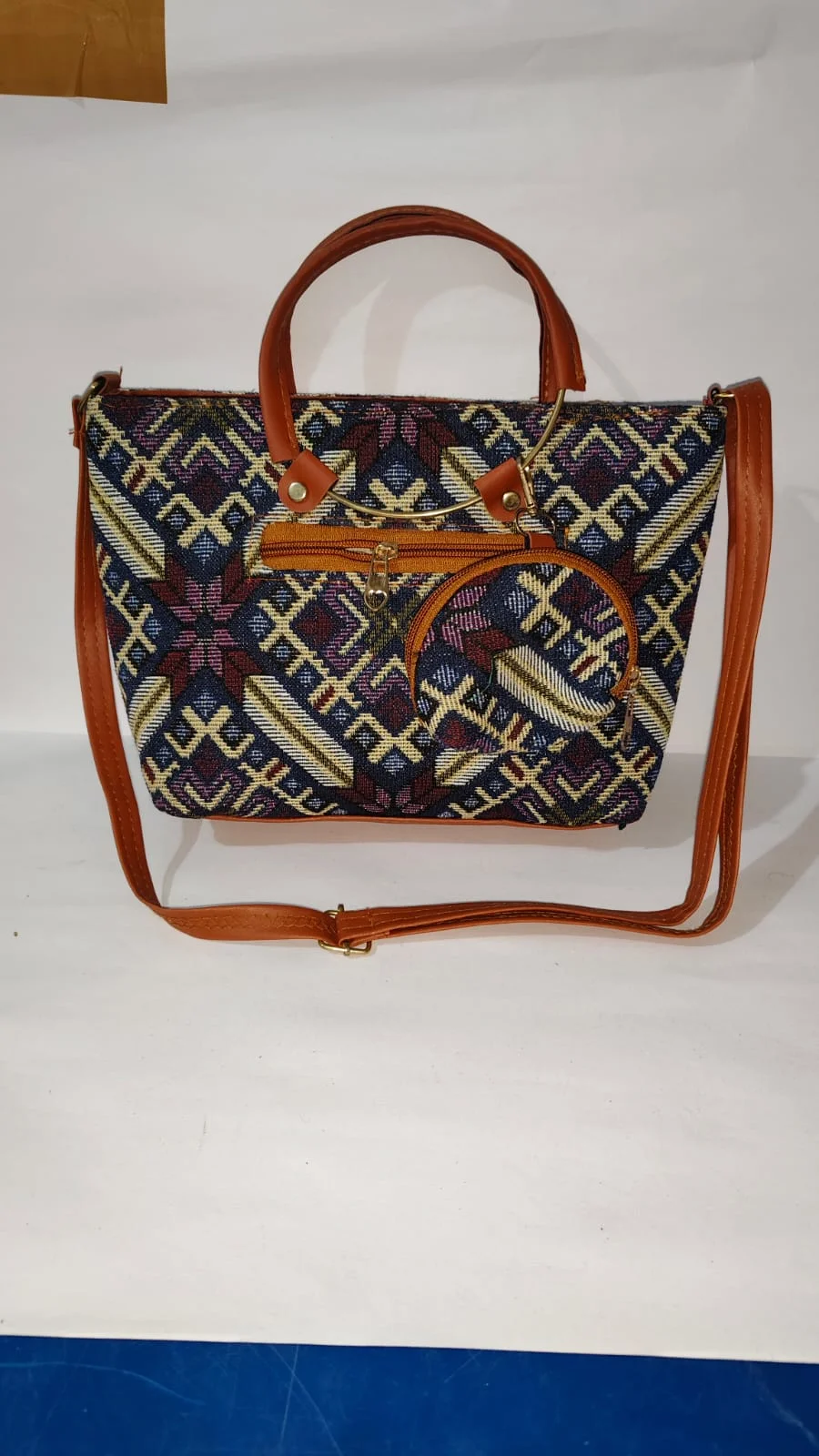 Women’s Ethnic Geometric Pattern Canvas Handbag with PU Leather Straps, Detachable Round Coin Pouch, Spacious Tote Shoulder Bag for Daily Use Casual & Travel image 1