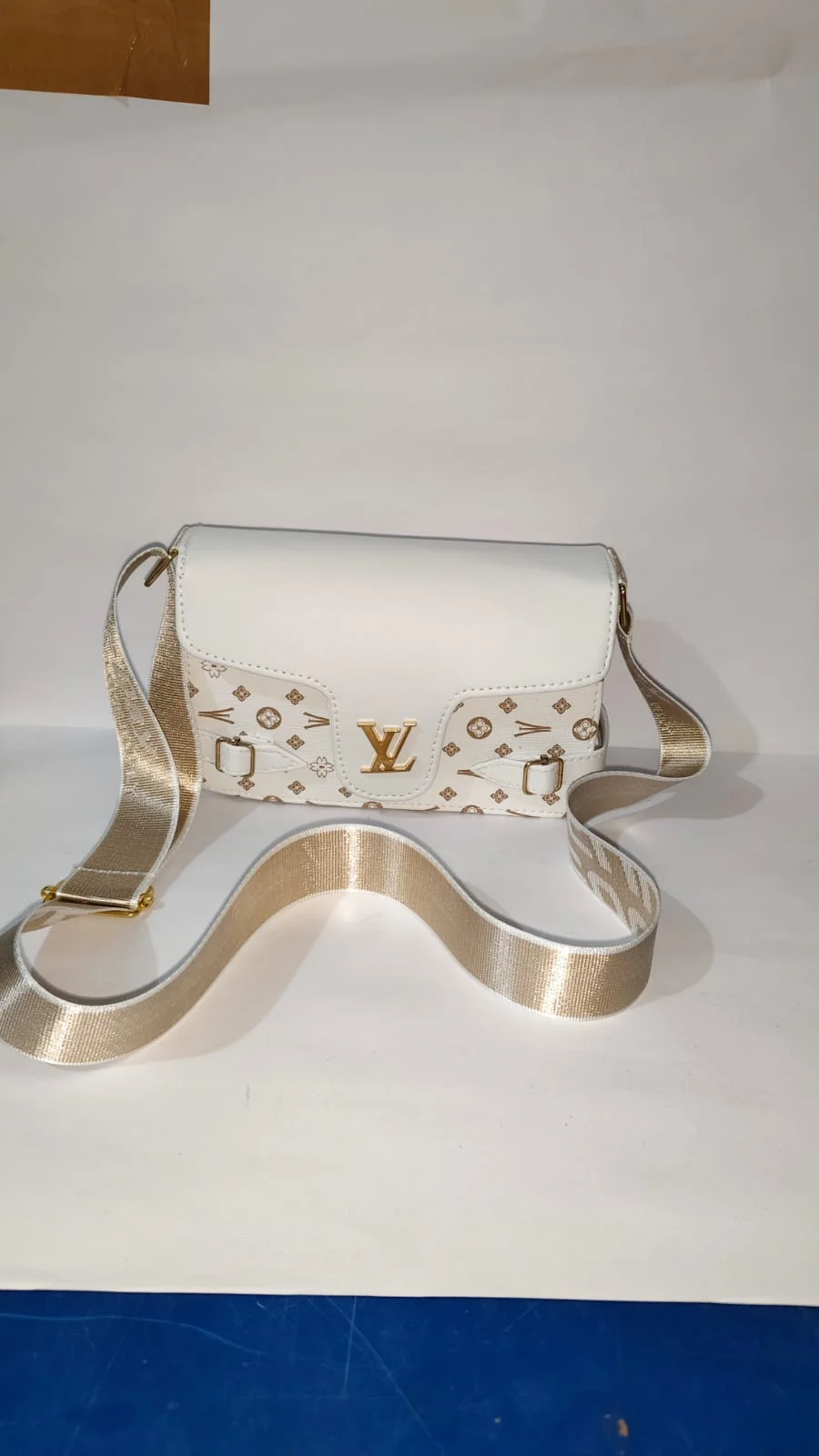 Stylish White Monogram Print Ladies Crossbody Sling Bag with Golden Chain-Style Strap, Fashionable Small Shoulder Bag for Parties & Travel image 1