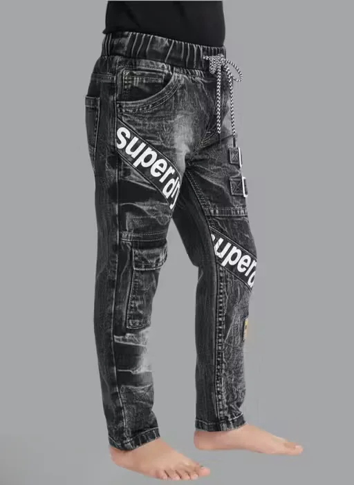 Boys Washed Denim Jogger Jeans with Elastic Waist, Cargo Pockets & Buckle Design | Kids Stretchable Cotton Denim Pants for Daily Wear (2–8 Years) image 2