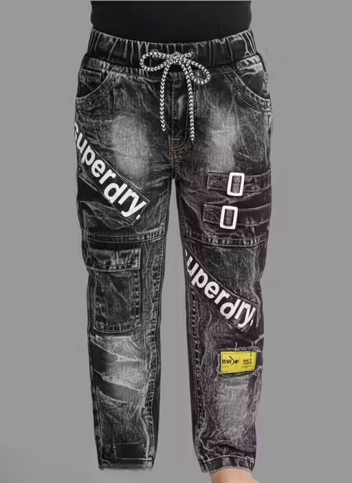 Boys Washed Denim Jogger Jeans with Elastic Waist, Cargo Pockets & Buckle Design | Kids Stretchable Cotton Denim Pants for Daily Wear (2–8 Years) image 1