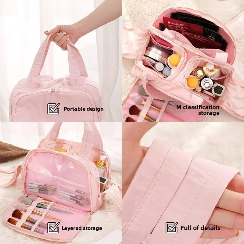Travel Makeup Organizer Bag with Wet and Dry Sections| Dual Zip Compartments| Top Handle Portable Cosmetic Storage Case for Women| Pink image 3