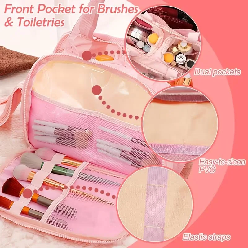 Travel Makeup Organizer Bag with Wet and Dry Sections| Dual Zip Compartments| Top Handle Portable Cosmetic Storage Case for Women| Pink image 5