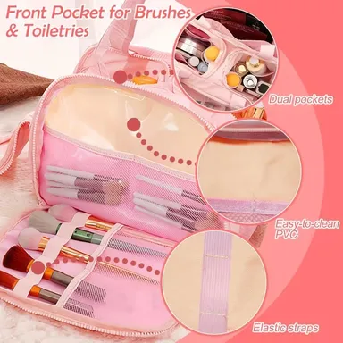 Travel Makeup Organizer Bag with Wet and Dry Sections| Dual Zip Compartments| Top Handle Portable Cosmetic Storage Case for Women| Pink thumbnail 4