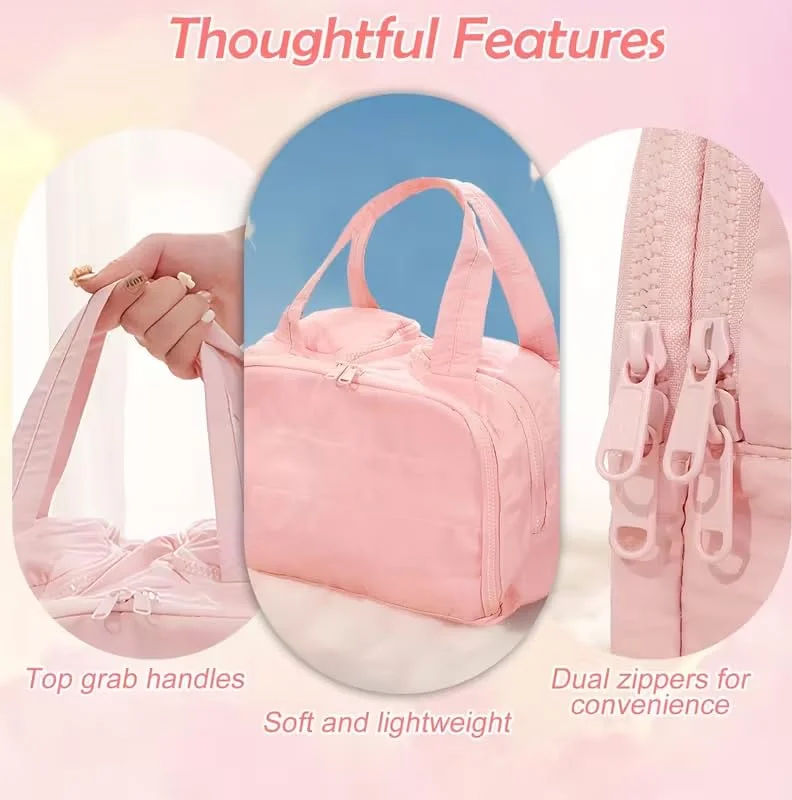 Travel Makeup Organizer Bag with Wet and Dry Sections| Dual Zip Compartments| Top Handle Portable Cosmetic Storage Case for Women| Pink image 6