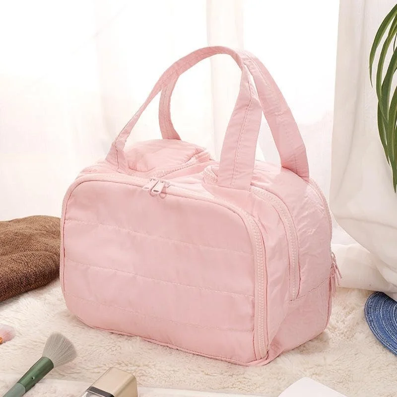 Travel Makeup Organizer Bag with Wet and Dry Sections| Dual Zip Compartments| Top Handle Portable Cosmetic Storage Case for Women| Pink image 1