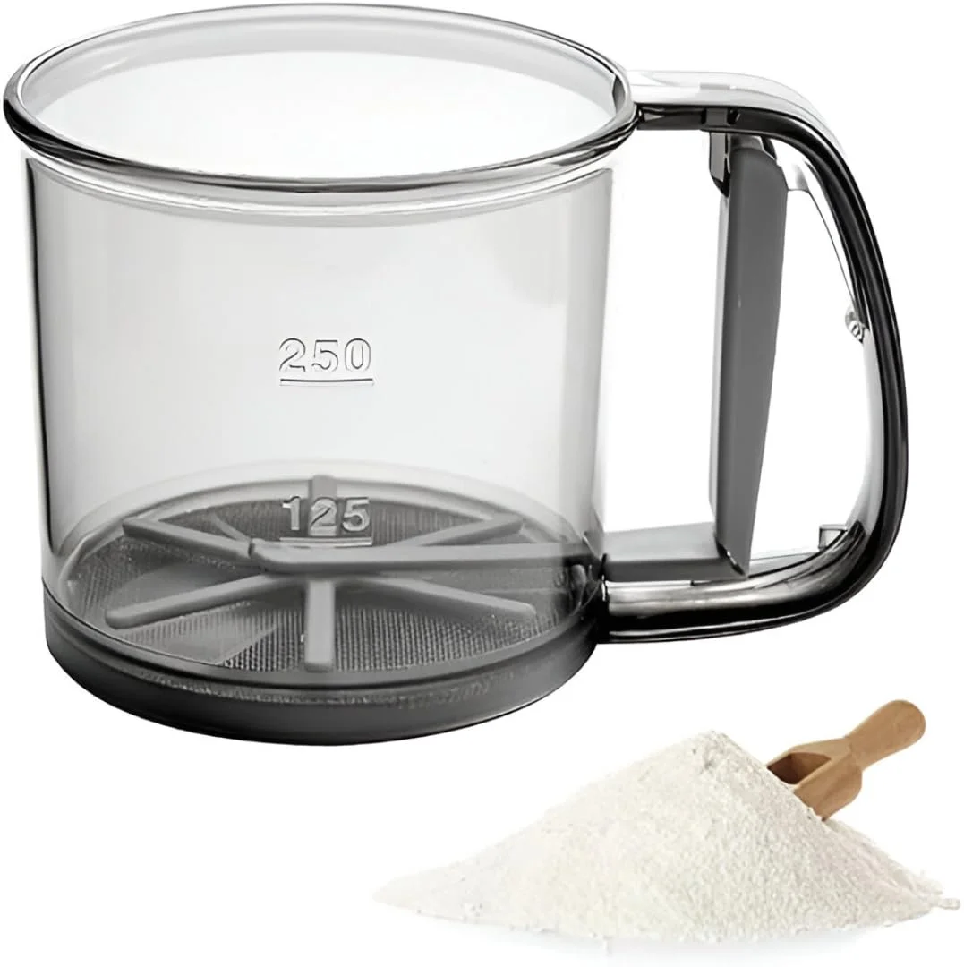 Hand Press Flour Sifter Cup with Handle, Fine Mesh Sieve| Transparent Plastic Body with Measurement Markings for Baking|Cooking and Kitchen Use image 2