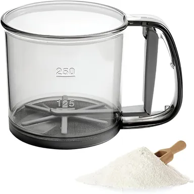 Hand Press Flour Sifter Cup with Handle, Fine Mesh Sieve| Transparent Plastic Body with Measurement Markings for Baking|Cooking and Kitchen Use thumbnail 1