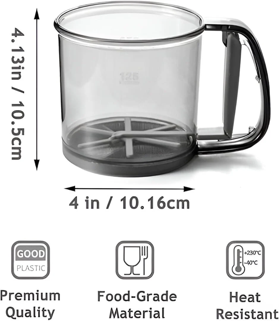 Hand Press Flour Sifter Cup with Handle, Fine Mesh Sieve| Transparent Plastic Body with Measurement Markings for Baking|Cooking and Kitchen Use image 3