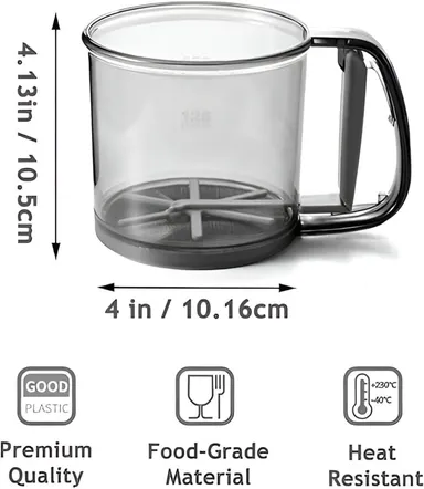 Hand Press Flour Sifter Cup with Handle, Fine Mesh Sieve| Transparent Plastic Body with Measurement Markings for Baking|Cooking and Kitchen Use thumbnail 2