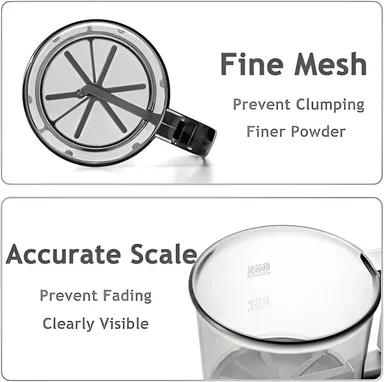 Hand Press Flour Sifter Cup with Handle, Fine Mesh Sieve| Transparent Plastic Body with Measurement Markings for Baking|Cooking and Kitchen Use thumbnail 5