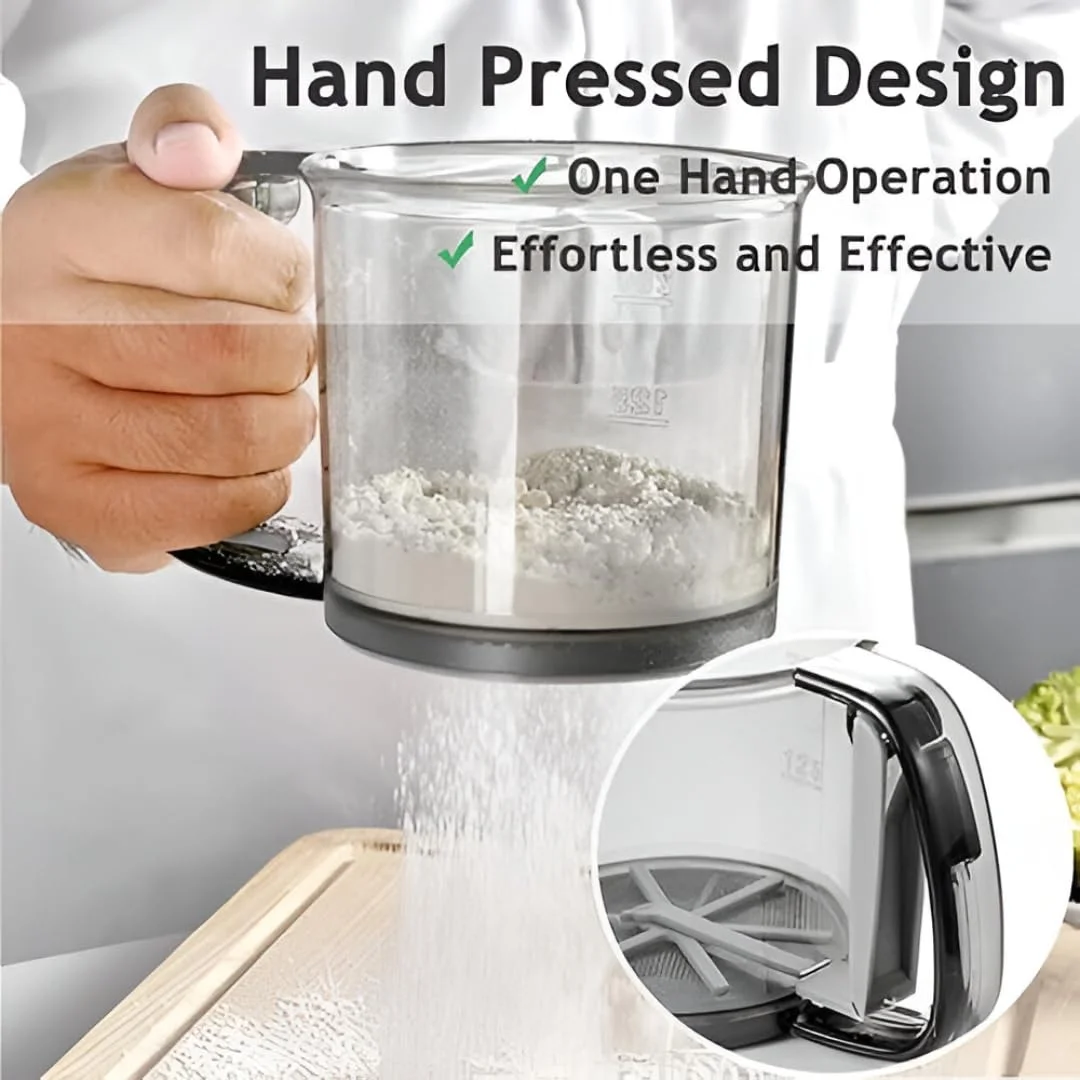 Hand Press Flour Sifter Cup with Handle, Fine Mesh Sieve| Transparent Plastic Body with Measurement Markings for Baking|Cooking and Kitchen Use image 7