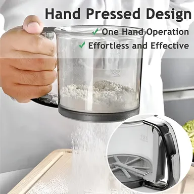 Hand Press Flour Sifter Cup with Handle, Fine Mesh Sieve| Transparent Plastic Body with Measurement Markings for Baking|Cooking and Kitchen Use thumbnail 6