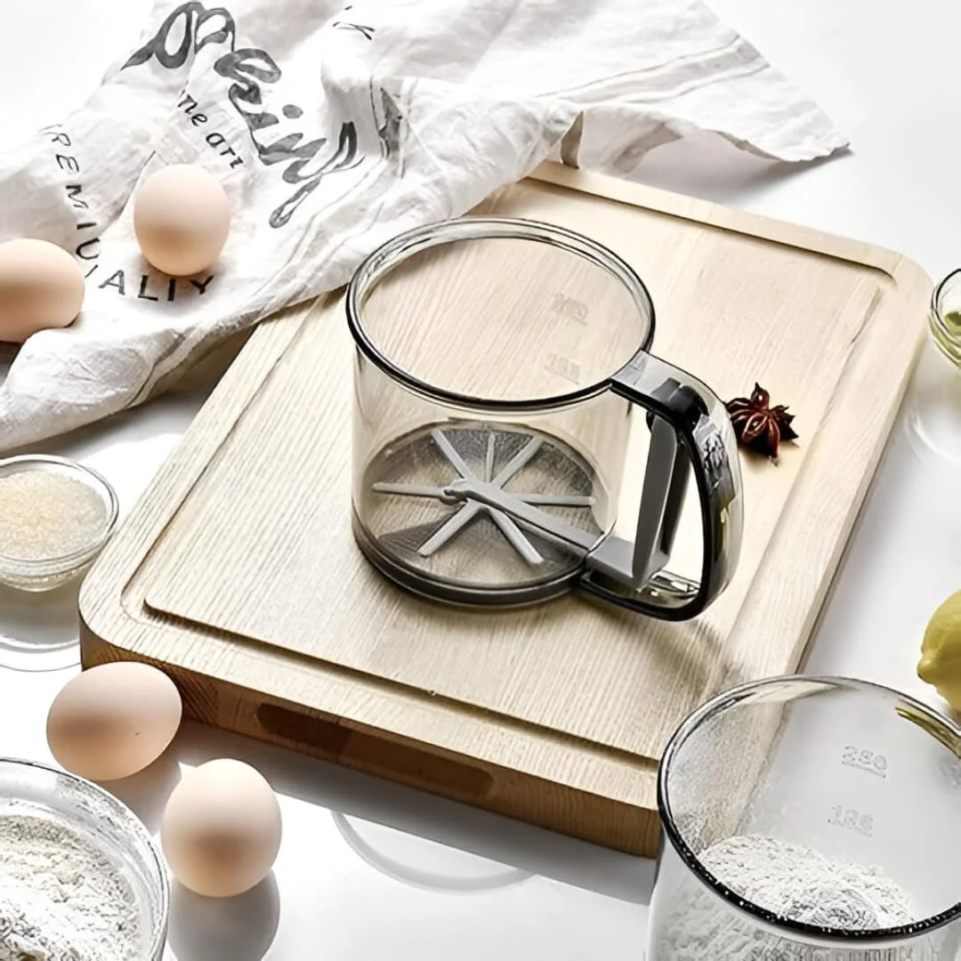 Hand Press Flour Sifter Cup with Handle, Fine Mesh Sieve| Transparent Plastic Body with Measurement Markings for Baking|Cooking and Kitchen Use image 1