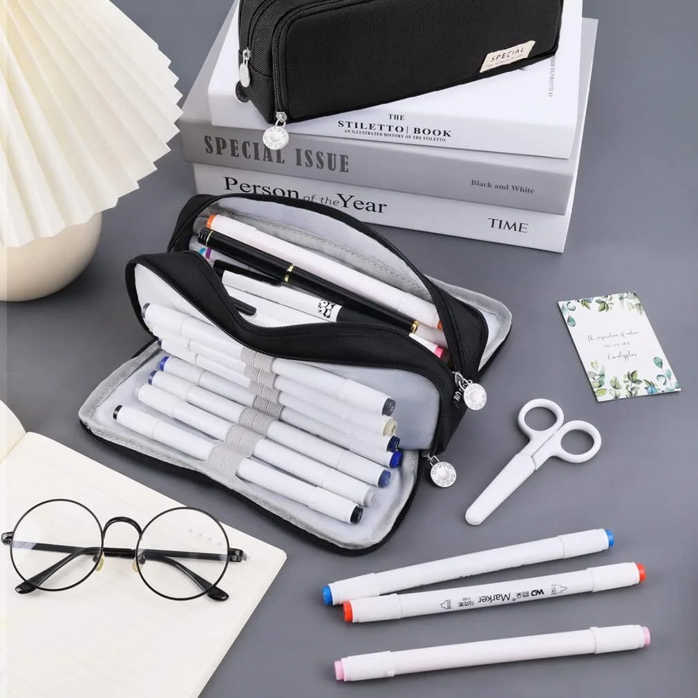 Multi-Compartment Pencil Case for Students | Office Large Capacity Stationery Organiser with Elastic Pen Slots Dual Zippers Fabric Zippered Pouch Black for School and Office Use image 2