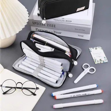 Multi-Compartment Pencil Case for Students | Office Large Capacity Stationery Organiser with Elastic Pen Slots Dual Zippers Fabric Zippered Pouch Black for School and Office Use thumbnail 1